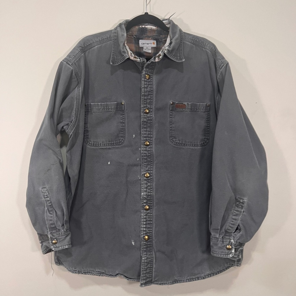 Vintage Carhartt Thrashed Distressed Flannel Lined Work Shirt Jacket Gray XL